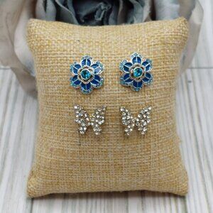 Lot of 2 Crystal Stud Earrings Butterflies Blue Floral 5/8"